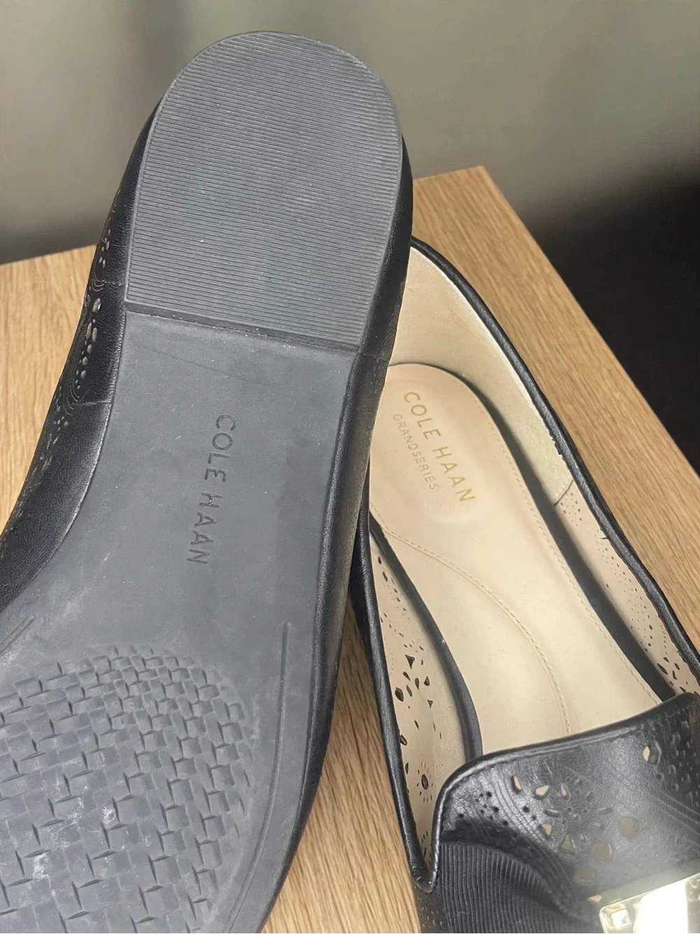 Black Cole Haan Leather Bow Loafers with Gold Accent - Women's Shoes